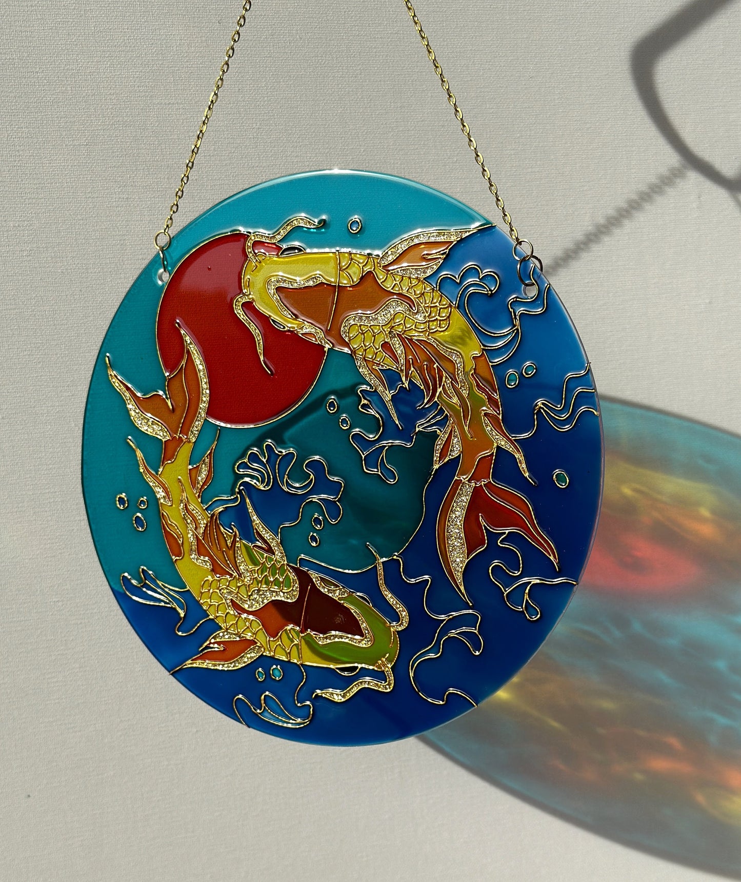 Large Japanese Fish Koi Carp Shine Suncatcher for window Gold room decor Stained glass painting