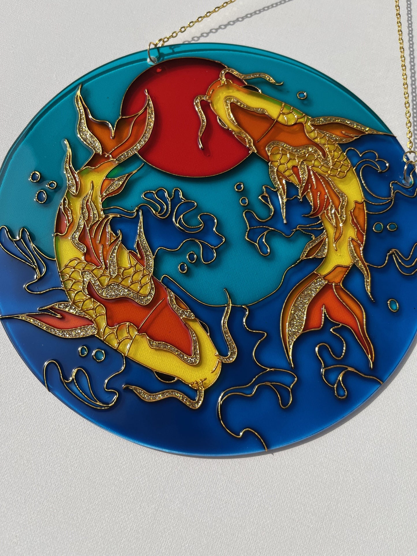 Large Japanese Fish Koi Carp Shine Suncatcher for window Gold room decor Stained glass painting