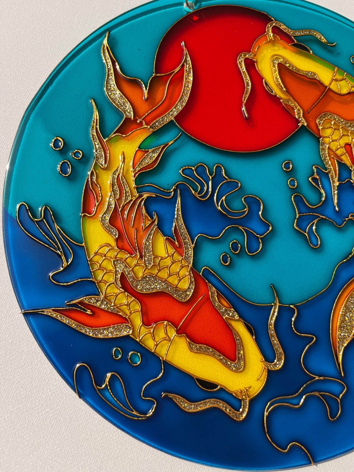 Large Japanese Fish Koi Carp Shine Suncatcher for window Gold room decor Stained glass painting