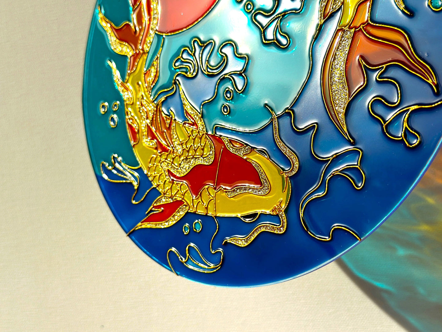 Large Japanese Fish Koi Carp Shine Suncatcher for window Gold room decor Stained glass painting