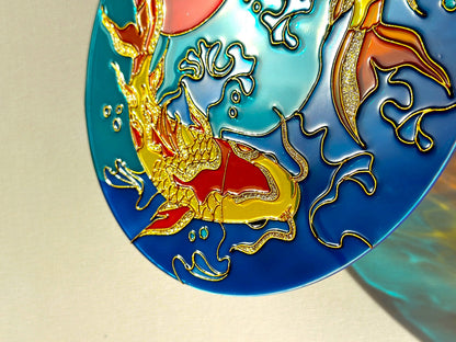 Large Japanese Fish Koi Carp Shine Suncatcher for window Gold room decor Stained glass painting
