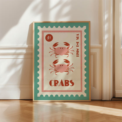 Crab Print, Coastal Wall Art, Coastal Print, Kitchen Art, Vintage Food Print, Coastal Art, Food Art,Trendy Wall Art, Bathroom Print