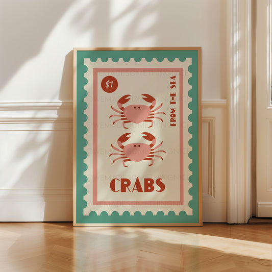 Crab Print, Coastal Wall Art, Coastal Print, Kitchen Art, Vintage Food Print, Coastal Art, Food Art,Trendy Wall Art, Bathroom Print