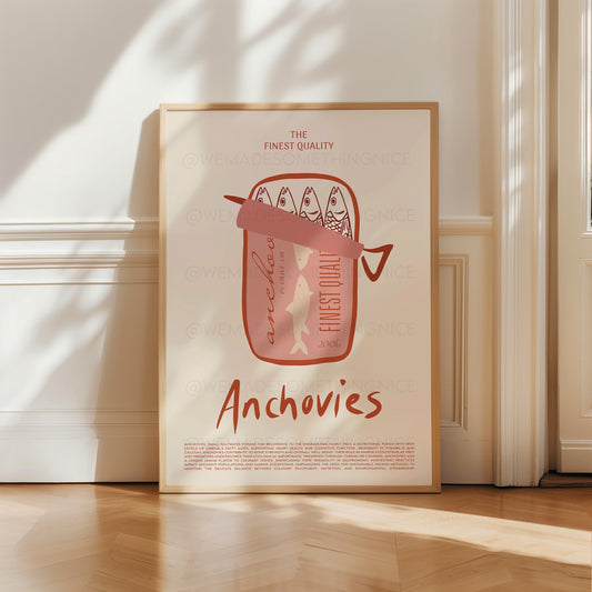 Anchovies Print, Modern Kitchen Decor, Retro Food Print, Vintage Food Print, Coastal Art, Food Art, Foodie Gift, Trendy Wall Art, Home Decor