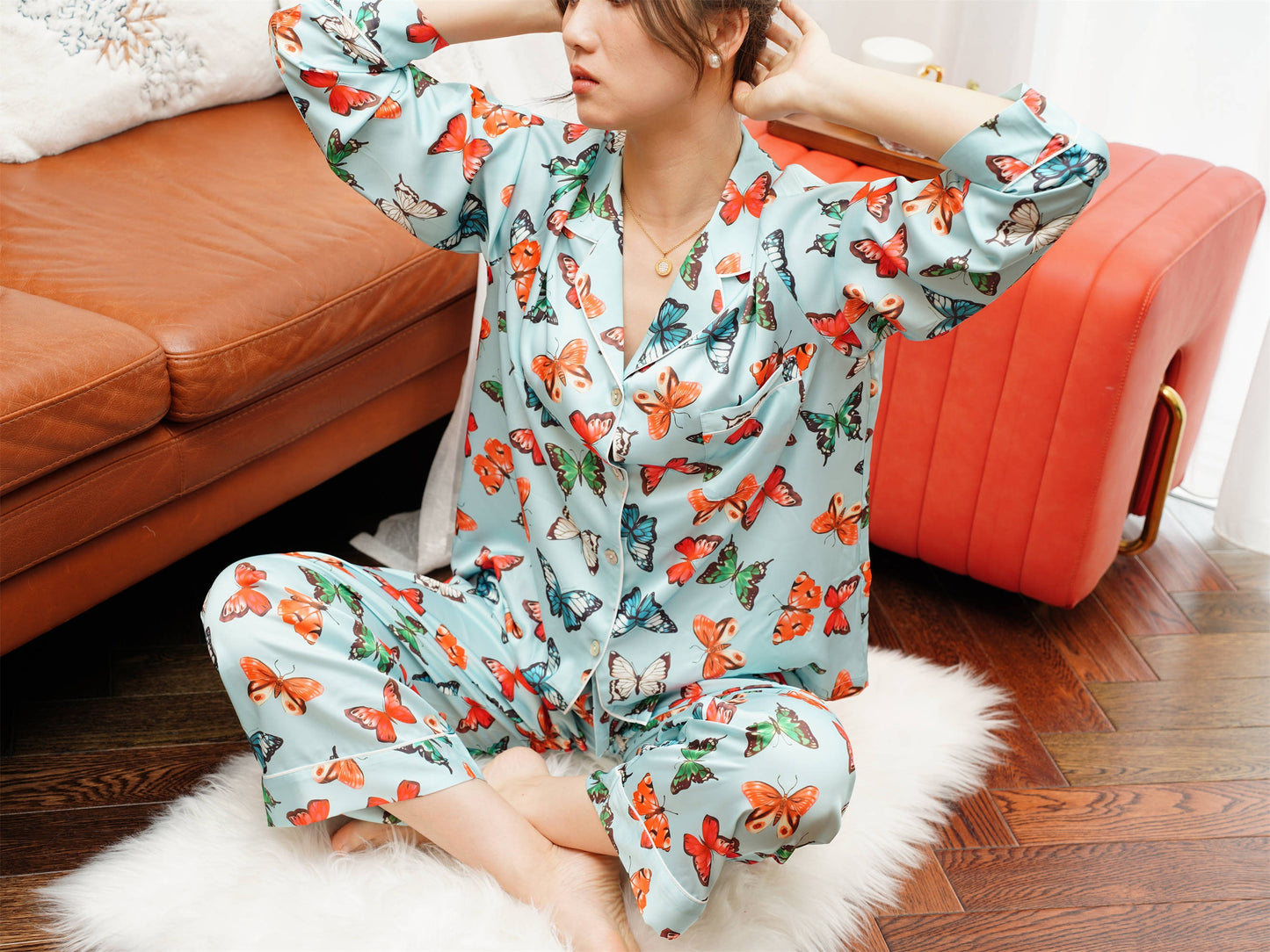 Exotic Butterfly Print Satin Long Pyjama Set, Bride And Bridesmaids Pajama, Pajama Set For Women ,  Gift For Her