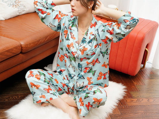 Exotic Butterfly Print Satin Long Pyjama Set, Bride And Bridesmaids Pajama, Pajama Set For Women ,  Gift For Her