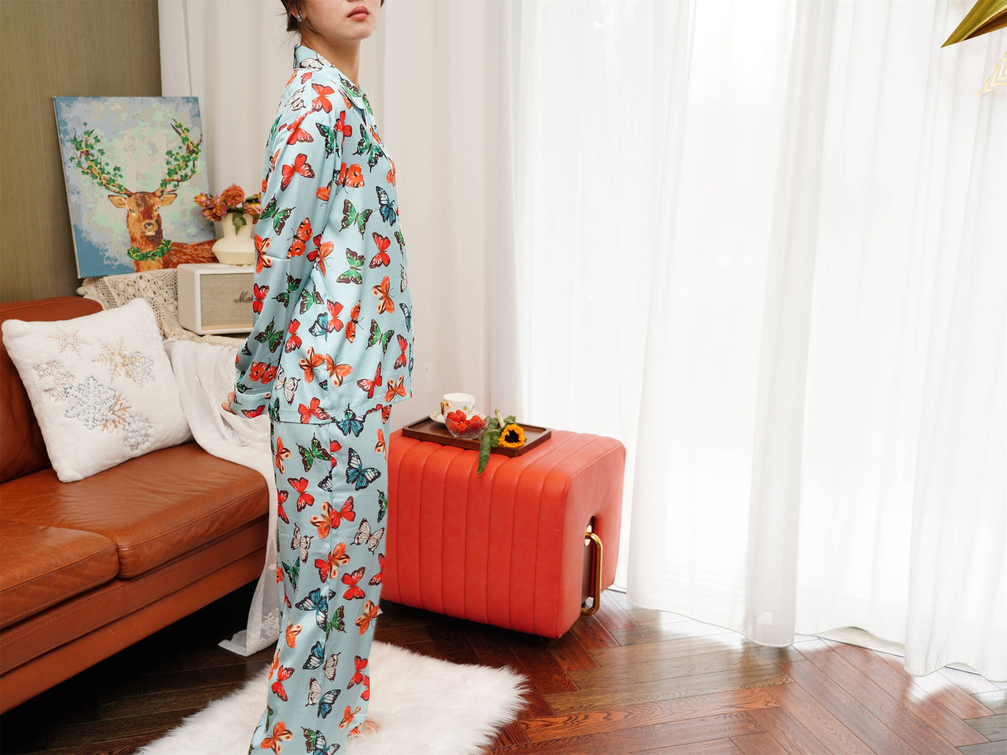 Exotic Butterfly Print Satin Long Pyjama Set, Bride And Bridesmaids Pajama, Pajama Set For Women ,  Gift For Her