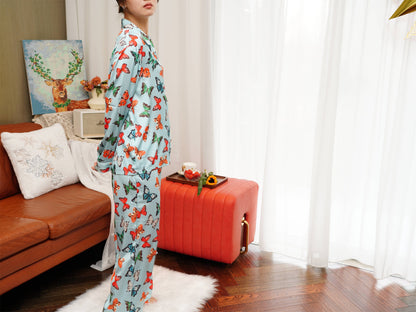 Exotic Butterfly Print Satin Long Pyjama Set, Bride And Bridesmaids Pajama, Pajama Set For Women ,  Gift For Her