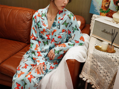 Exotic Butterfly Print Satin Long Pyjama Set, Bride And Bridesmaids Pajama, Pajama Set For Women ,  Gift For Her