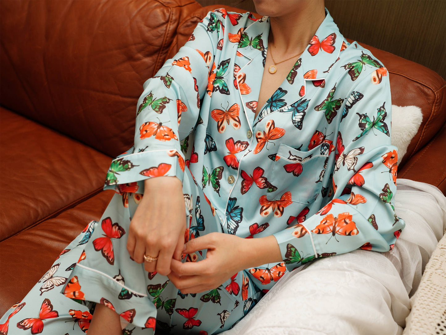 Exotic Butterfly Print Satin Long Pyjama Set, Bride And Bridesmaids Pajama, Pajama Set For Women ,  Gift For Her