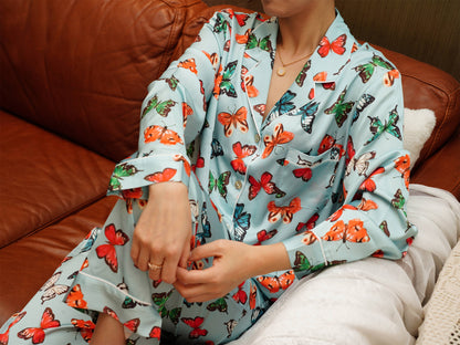 Exotic Butterfly Print Satin Long Pyjama Set, Bride And Bridesmaids Pajama, Pajama Set For Women ,  Gift For Her
