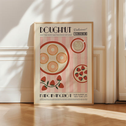 Doughnut Poster, Kitchen Art, Food Print, Kitchen Wall Art, Retro Poster, Pink Wall Art, Kitchen Poster, Exhibition Poster, Housewarming