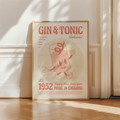 Gin and Tonic Print, Gin Poster, Kitchen Decor, Bar Art, Cocktail Poster, Mid Century Modern, Illustration, Birthday Housewarming