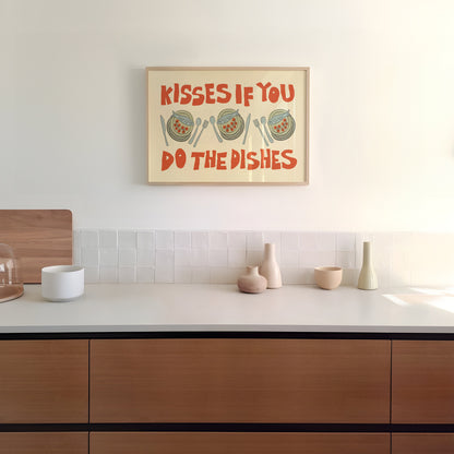 Kisses If You Do The Dishes Poster, Trendy Wall Art, Maximalist Wall Art, Apartment Decor, Retro Wall Art, Kitchen Print, Sketch