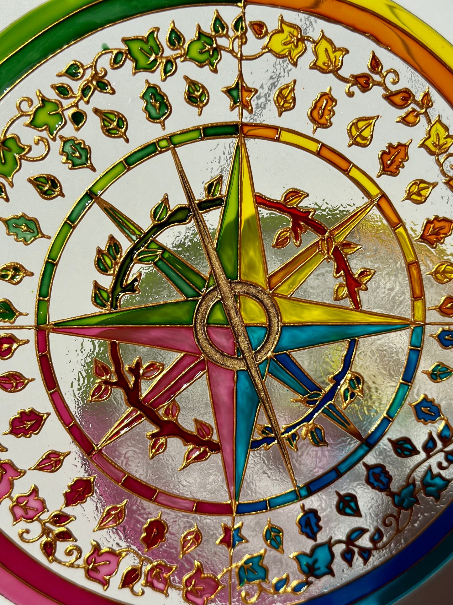 Mariners Compass Shine Suncatcher for window Plant flowers botanic kitchen living room decor Unique gift for mom Stained glass painting