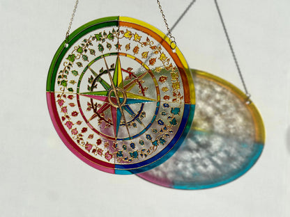 Mariners Compass Shine Suncatcher for window Plant flowers botanic kitchen living room decor Unique gift for mom Stained glass painting
