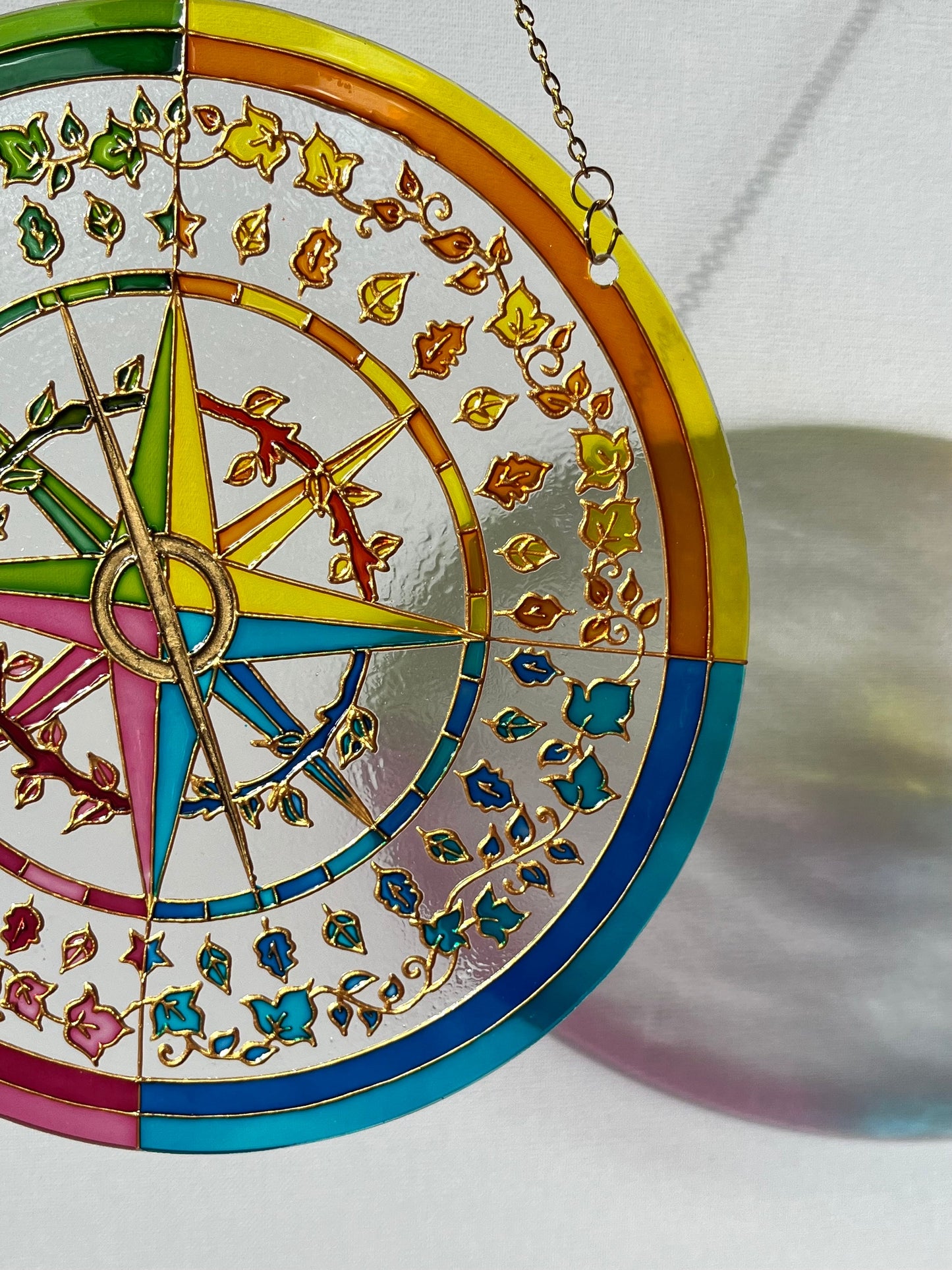 Mariners Compass Shine Suncatcher for window Plant flowers botanic kitchen living room decor Unique gift for mom Stained glass painting