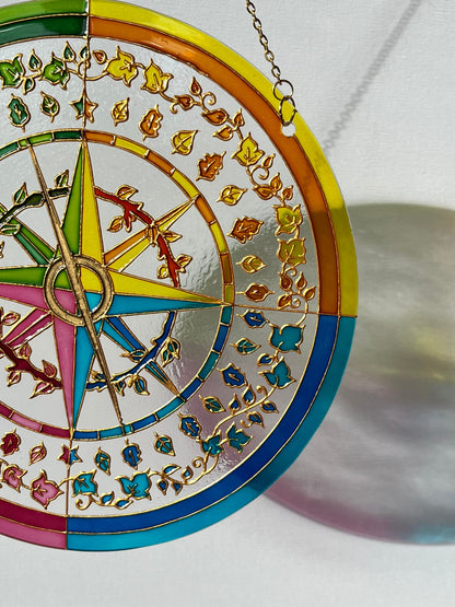 Mariners Compass Shine Suncatcher for window Plant flowers botanic kitchen living room decor Unique gift for mom Stained glass painting