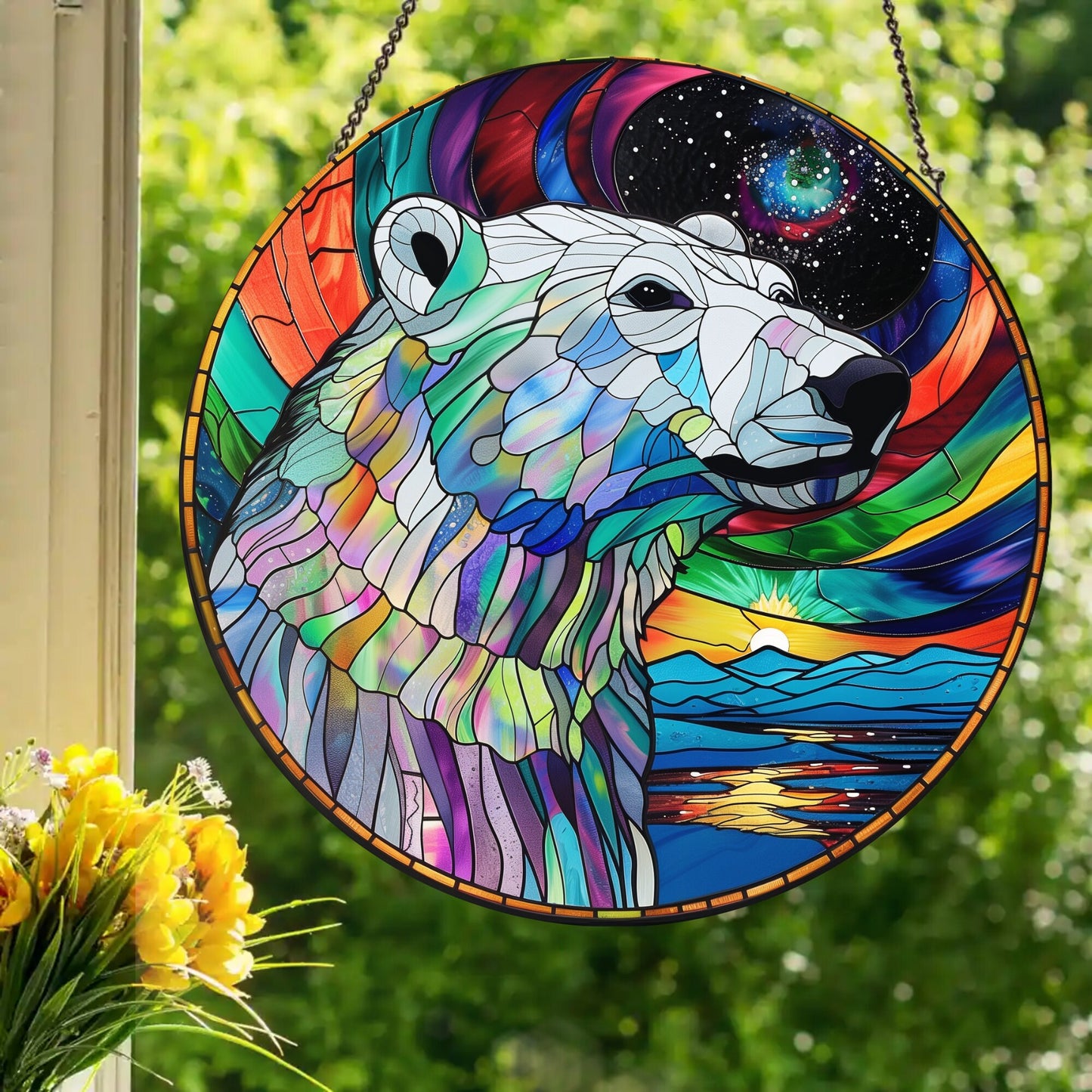 Borealis Polar Bear: Stained Glass Style Window Hanging