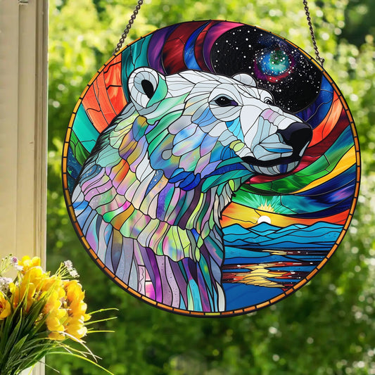 Borealis Polar Bear: Stained Glass Style Window Hanging
