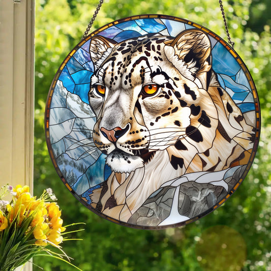Snow Leopard: Stained Glass Style Window Hanging