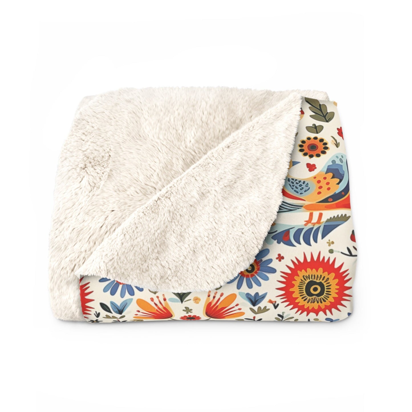 Scandinavian Charm Sherpa Fleece Blanket| Nordic Birds and Forest Images| Luxury Tradition in a Cozy Sherpa Blanket| Narvick Birds Blanket