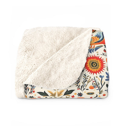Scandinavian Charm Sherpa Fleece Blanket| Nordic Birds and Forest Images| Luxury Tradition in a Cozy Sherpa Blanket| Narvick Birds Blanket