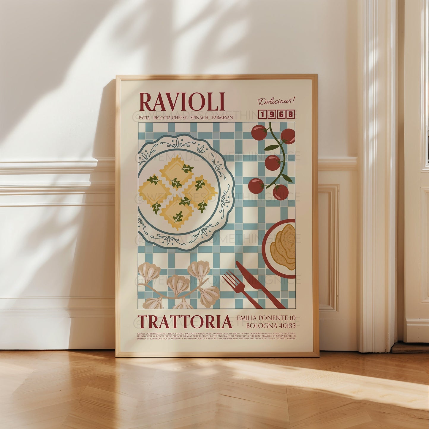 Ravioli Poster, Pasta Print, Kitchen Poster, Kitchen Print, Food Print, Modern Kitchen Decor, Retro Wall Art, Wine Art