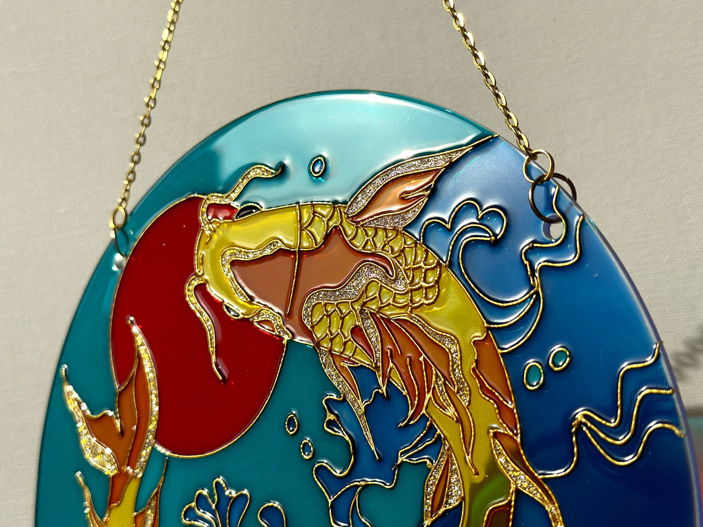 Large Japanese Fish Koi Carp Shine Suncatcher for window Gold room decor Stained glass painting