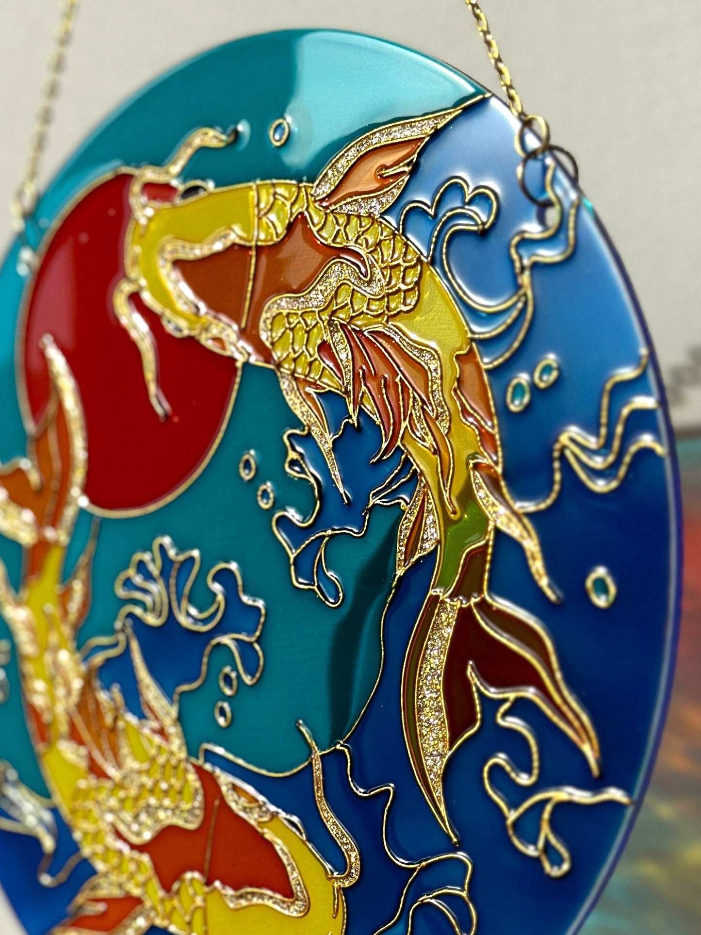 Large Japanese Fish Koi Carp Shine Suncatcher for window Gold room decor Stained glass painting