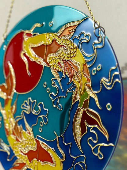 Large Japanese Fish Koi Carp Shine Suncatcher for window Gold room decor Stained glass painting