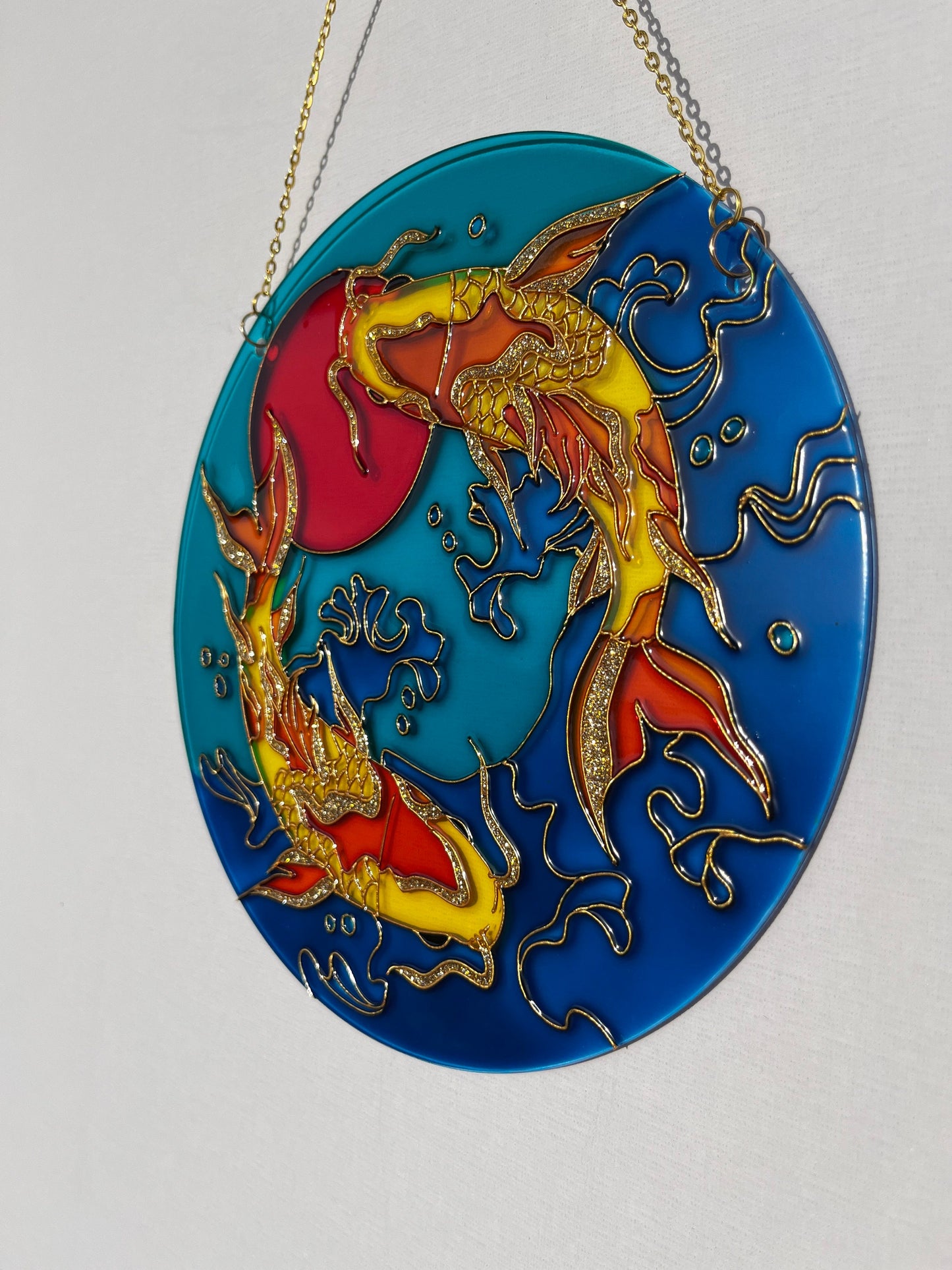 Large Japanese Fish Koi Carp Shine Suncatcher for window Gold room decor Stained glass painting