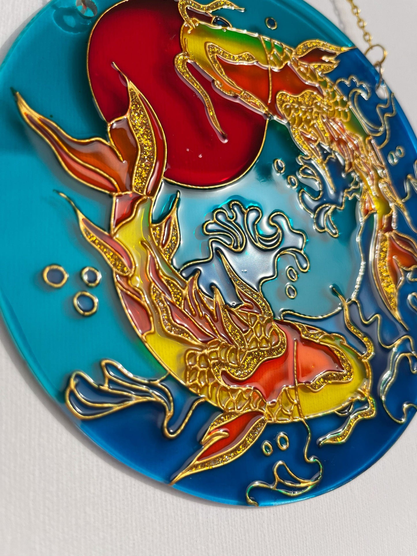 Large Japanese Fish Koi Carp Shine Suncatcher for window Gold room decor Stained glass painting