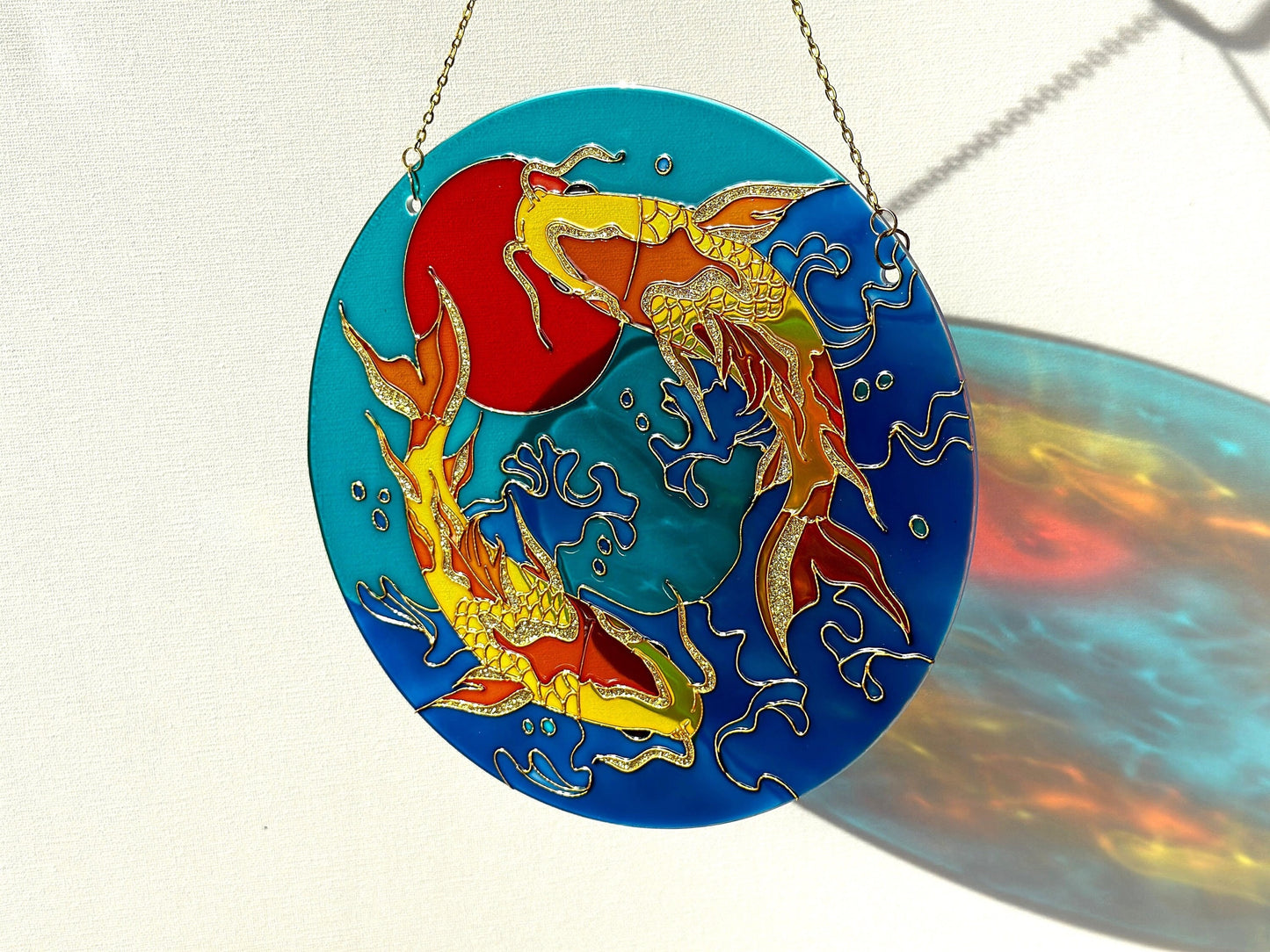 Large Japanese Fish Koi Carp Shine Suncatcher for window Gold room decor Stained glass painting