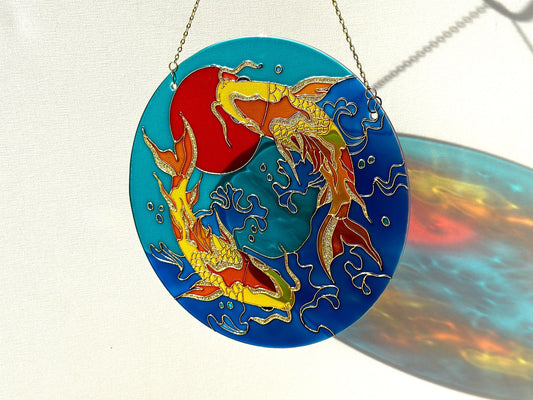 Large Japanese Fish Koi Carp Shine Suncatcher for window Gold room decor Stained glass painting