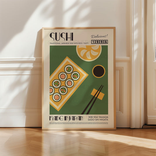 Sushi Poster, Kitchen Art, Kitchen Poster, Kitchen Print, Food Print, Illustration, Japanese Art, Exhibition Poster, Retro Wall Art