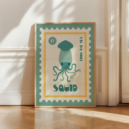 Squid Print, Coastal Decor, Kitchen Poster, Kitchen Print, Coastal Poster, Retro Food Print, Food Art, Seaside, Trendy Wall Art, Home Decor