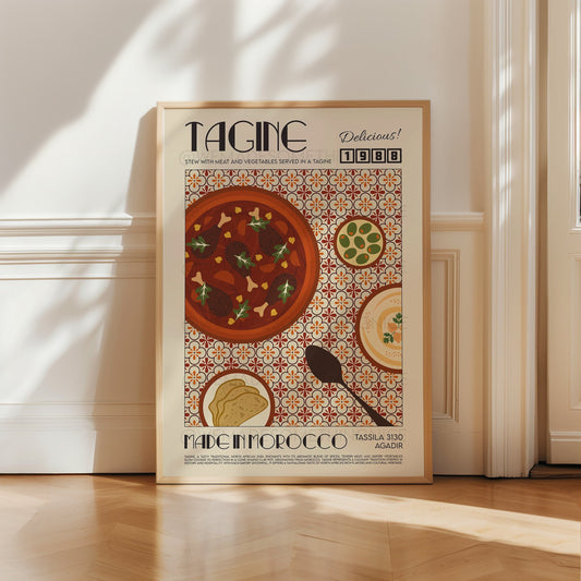 Tagine Print, Kitchen Poster, Kitchen Print, Kitchen Decor, Food Art, Mid Century Modern, Eat Sign, Hummus, Mediterranean Kitchen, Retro Art