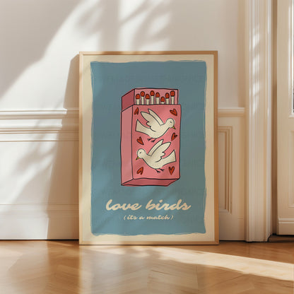 Love Birds Poster, Matchbox Poster, Trendy Wall Art, Apartment Decor, Retro Wall Art, Coquette Room Decor, Pink Wall Art, Pink Bow Print