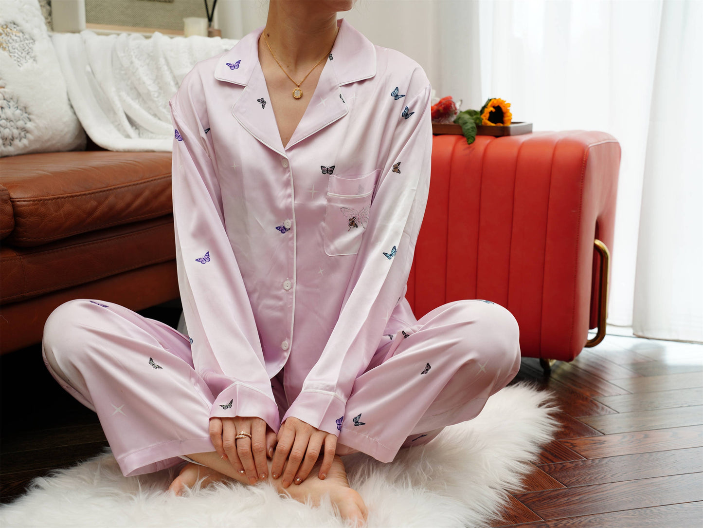 Intricate Butterfly Print Pyjama Set ,Long Sleeves ,Bride and Bridesmaid Pajama , Birthday Gifts For Her, Periwinkle Purple Color