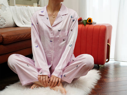 Intricate Butterfly Print Pyjama Set ,Long Sleeves ,Bride and Bridesmaid Pajama , Birthday Gifts For Her, Periwinkle Purple Color