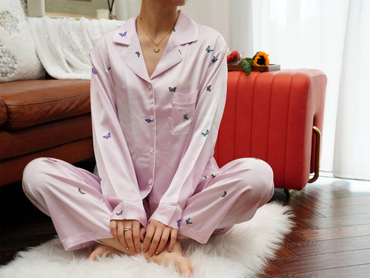 Intricate Butterfly Print Pyjama Set ,Long Sleeves ,Bride and Bridesmaid Pajama , Birthday Gifts For Her, Periwinkle Purple Color