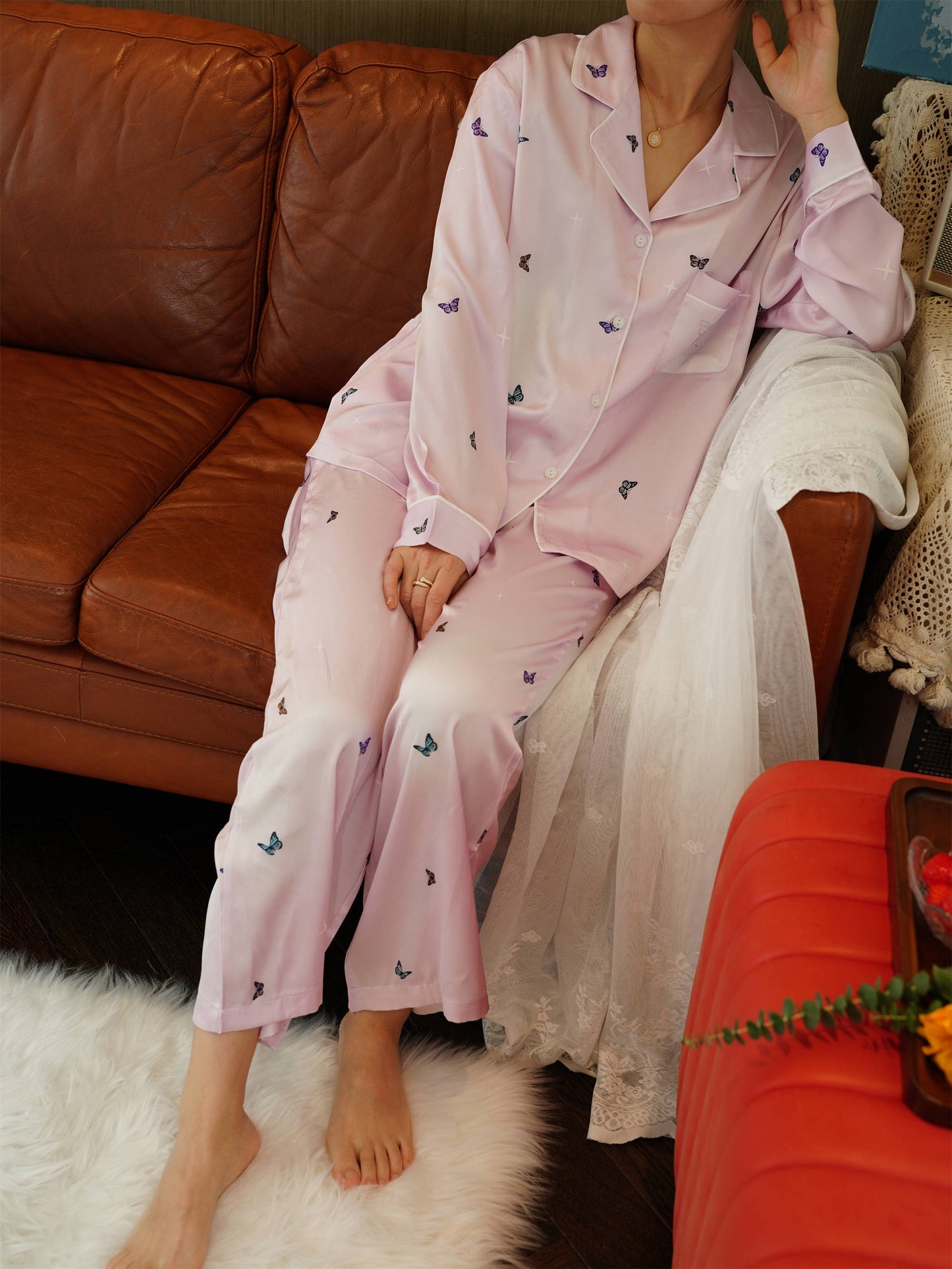 Intricate Butterfly Print Pyjama Set ,Long Sleeves ,Bride and Bridesmaid Pajama , Birthday Gifts For Her, Periwinkle Purple Color