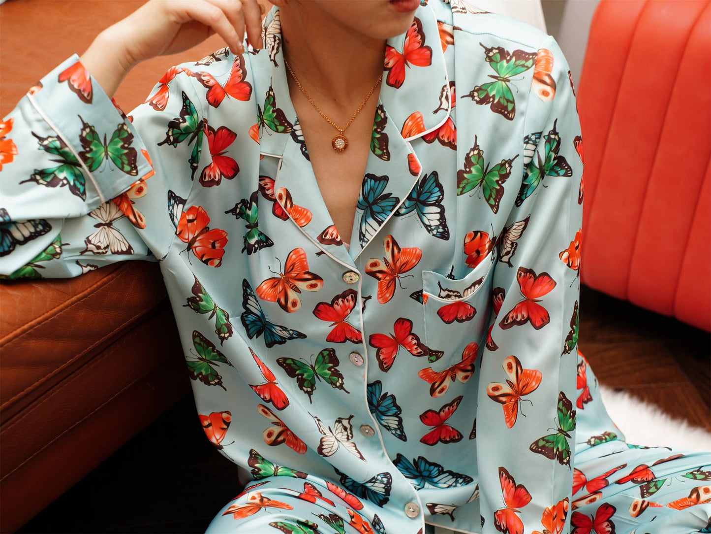 Exotic Butterfly Print Satin Long Pyjama Set, Bride And Bridesmaids Pajama, Pajama Set For Women ,  Gift For Her