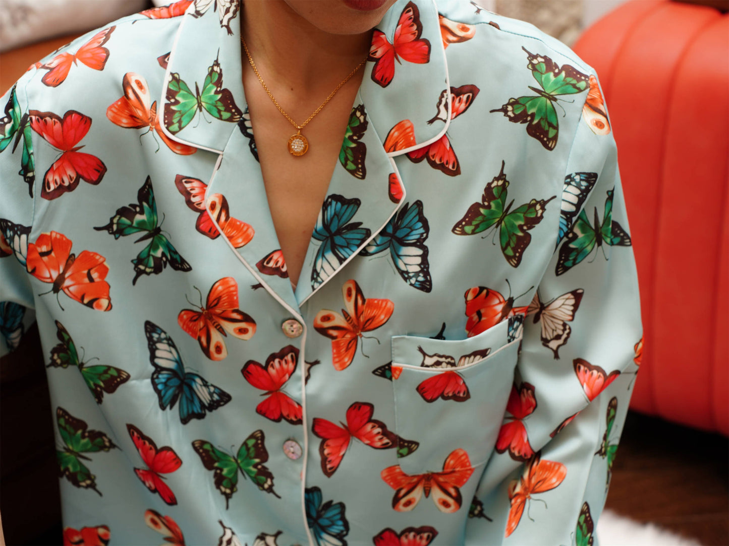 Exotic Butterfly Print Satin Long Pyjama Set, Bride And Bridesmaids Pajama, Pajama Set For Women ,  Gift For Her