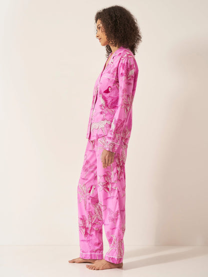 Pink Botanical Jungle Women’s Pyjama Trouser Set | Organic Cotton Long Sleeve PJs | Tropical Leaf Print Sleepwear Gift for Her