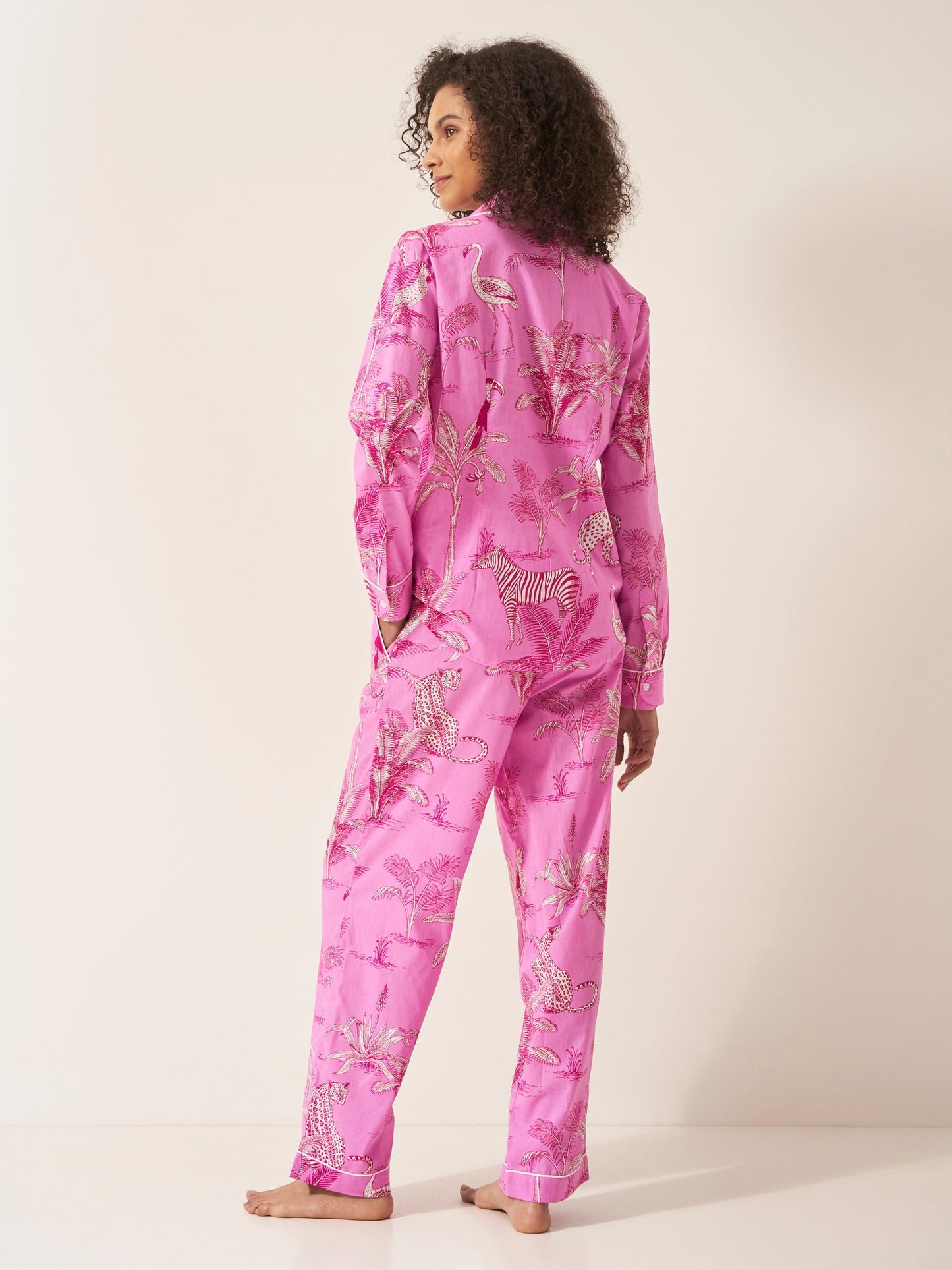 Pink Botanical Jungle Women’s Pyjama Trouser Set | Organic Cotton Long Sleeve PJs | Tropical Leaf Print Sleepwear Gift for Her