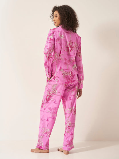 Pink Botanical Jungle Women’s Pyjama Trouser Set | Organic Cotton Long Sleeve PJs | Tropical Leaf Print Sleepwear Gift for Her