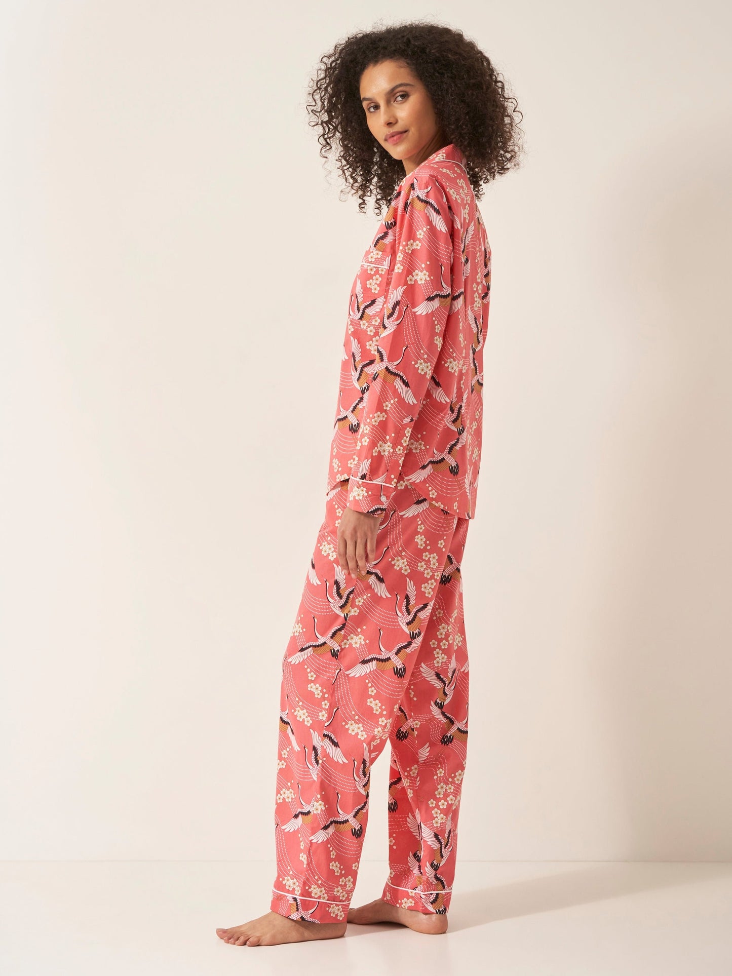 Japanese Crane on Coral Women’s Pyjama Trouser Set | Organic Cotton Long Sleeve PJs | Elegant Bird Print Sleepwear Gift