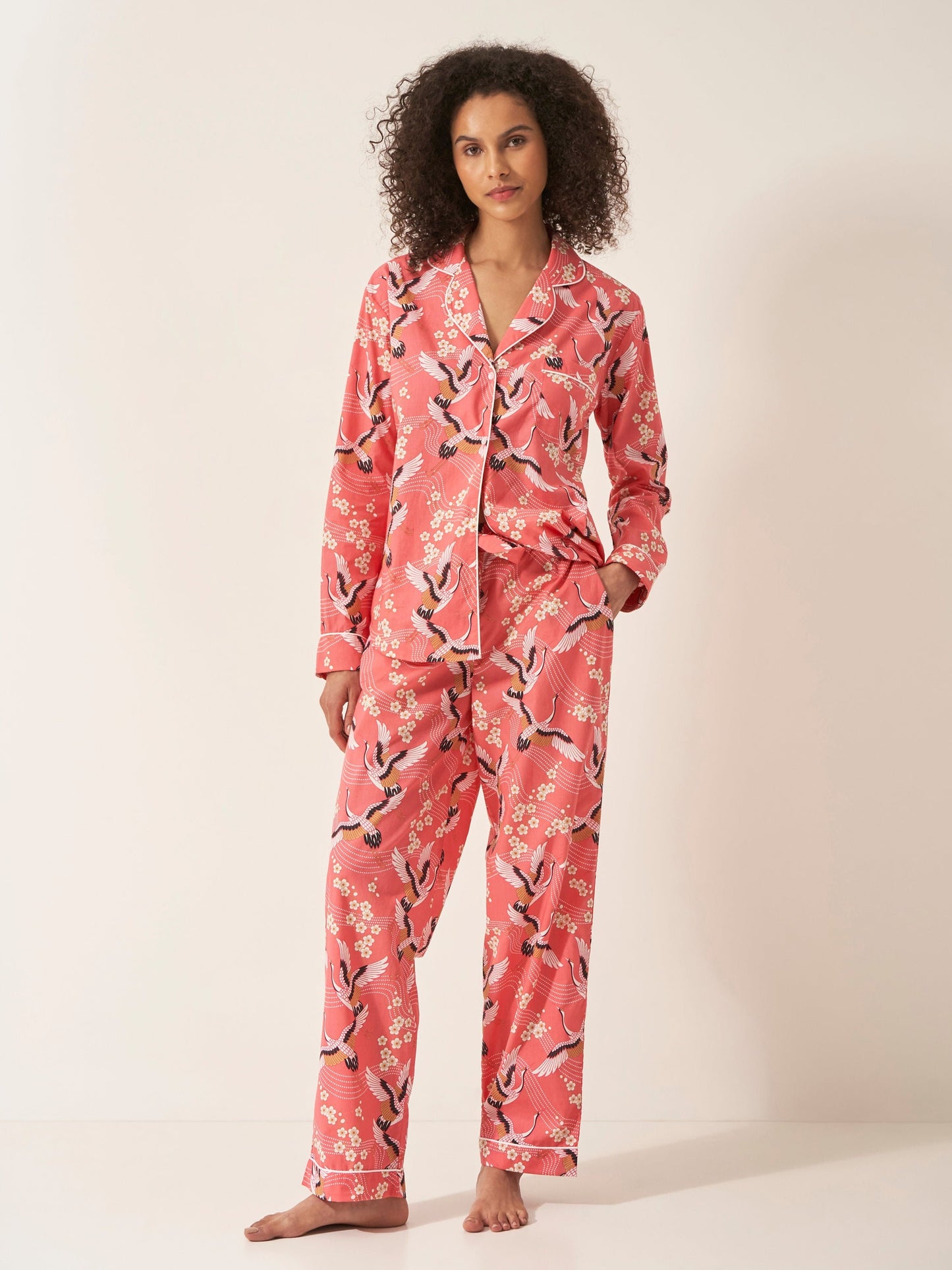 Japanese Crane on Coral Women’s Pyjama Trouser Set | Organic Cotton Long Sleeve PJs | Elegant Bird Print Sleepwear Gift